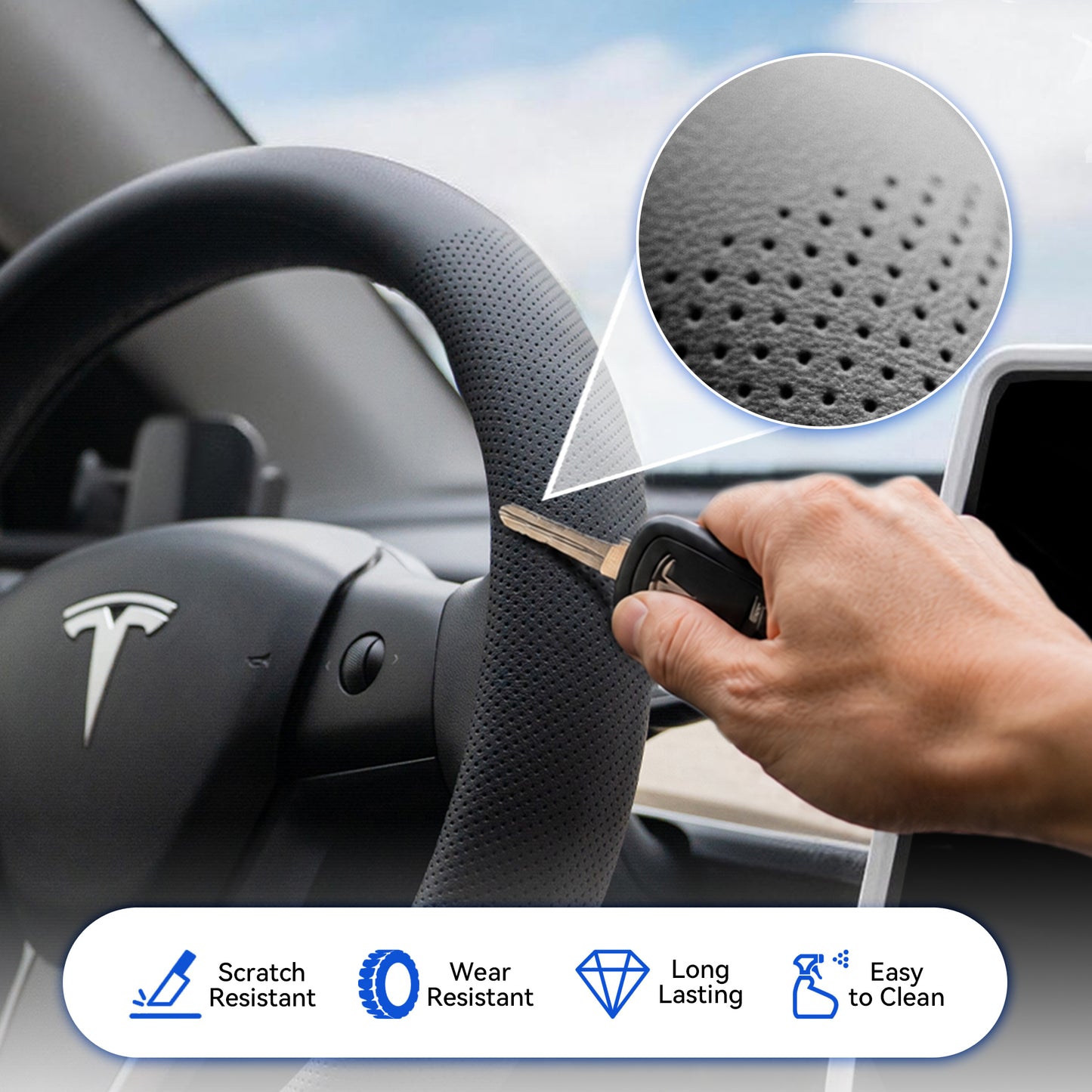 Steering Wheel Cover Fits Model 3 2019-2025/Model Y 2020-2026, Leather Steering Wheel Protector Compatible with Tesla, Non-Slip Soft-Touch Breathable Round Cover for Car Steering Wheel