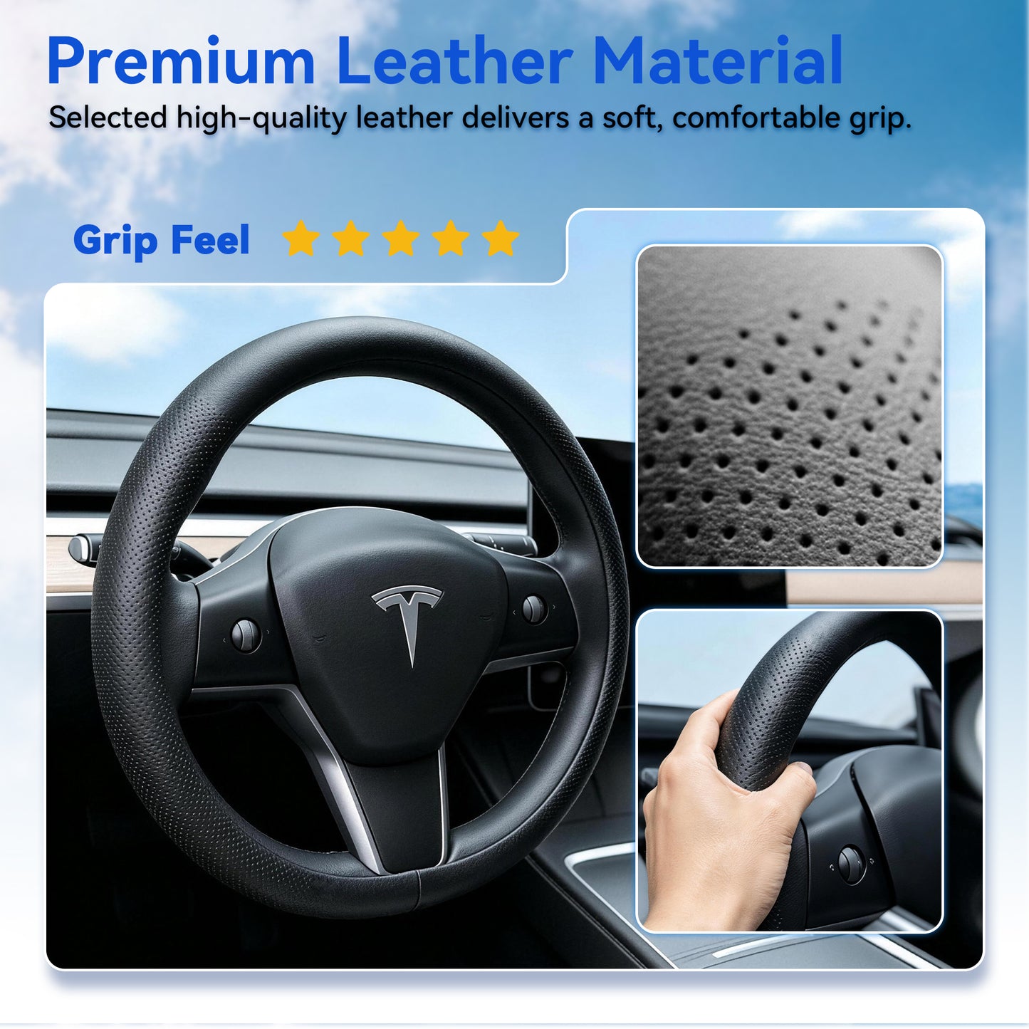 Steering Wheel Cover Fits Model 3 2019-2025/Model Y 2020-2026, Leather Steering Wheel Protector Compatible with Tesla, Non-Slip Soft-Touch Breathable Round Cover for Car Steering Wheel