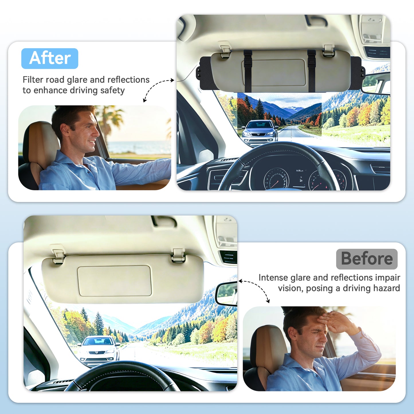 Sun Visor Extender for Car, Polarized Sun Visor with 2 Side Sunshade, Anti-Glare UC400 PC Lens, Car Visor Extender Sun Blocker for Safe Driving, Adjustable Sun Visor Extender for SUV (1 Pcs)