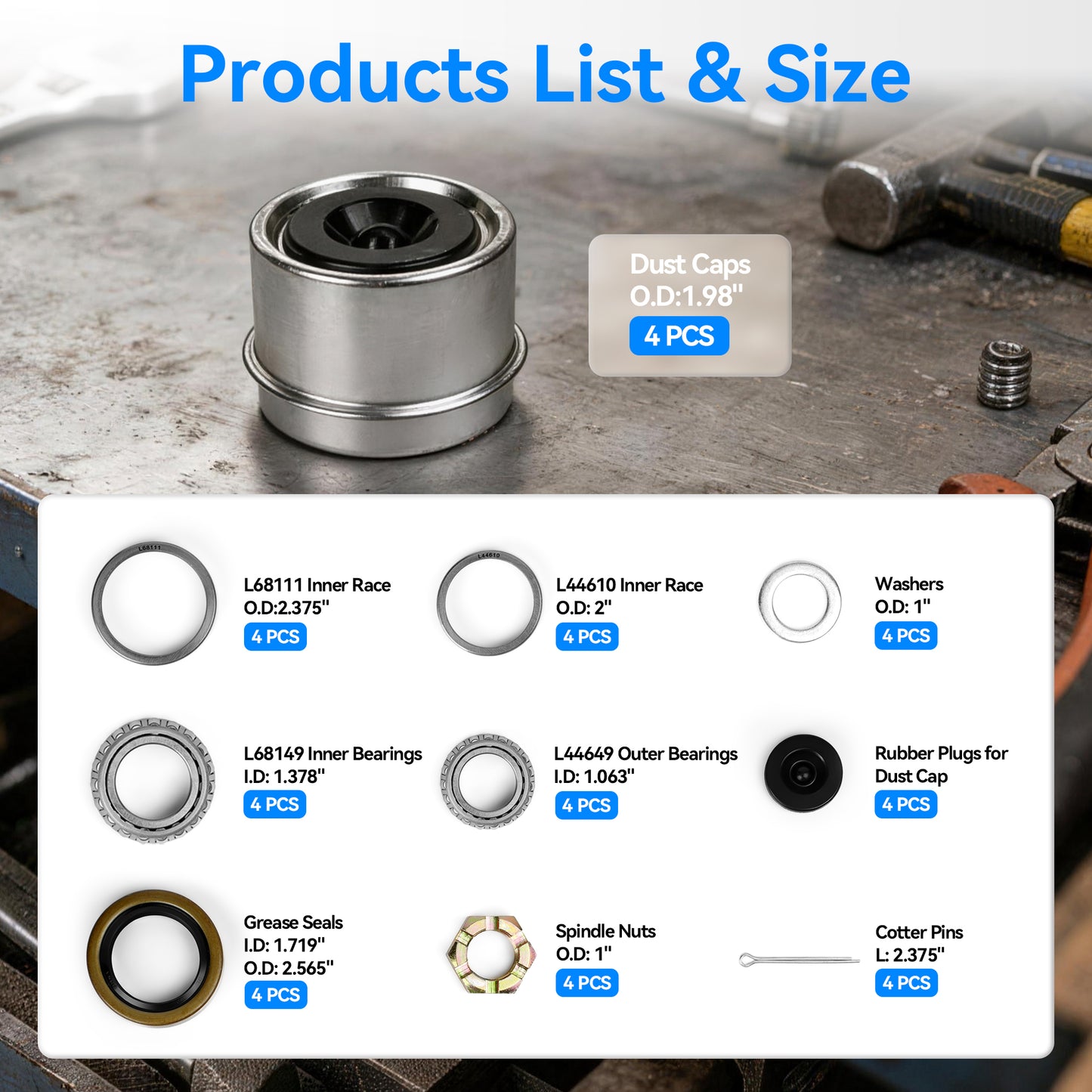 4 Sets 1.98” Trailer Axle Hub Bearing Kit for 3500 lb Trailer Axle, L68149 L44649 Trailer Dust Cap with 171255TB Grease Seals, Cotter Pins, Axle Nuts & Washers fits 1-3/8” to 1-1/16” #84 Spindle