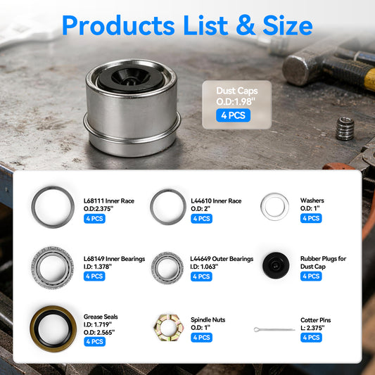 4 Sets 1.98” Trailer Axle Hub Bearing Kit for 3500 lb Trailer Axle, L68149 L44649 Trailer Dust Cap with 171255TB Grease Seals, Cotter Pins, Axle Nuts & Washers fits 1-3/8” to 1-1/16” #84 Spindle