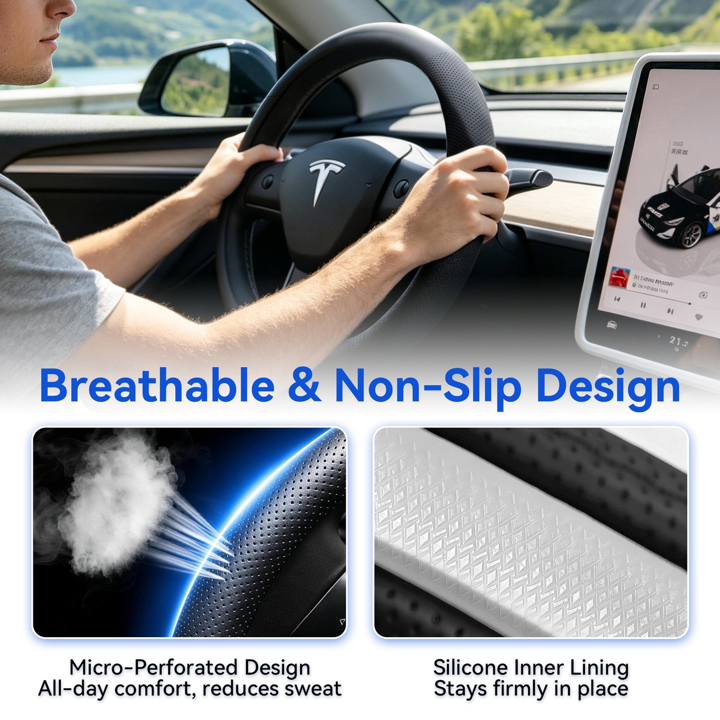 Steering Wheel Cover Fits Model 3 2019-2025/Model Y 2020-2026, Leather Steering Wheel Protector Compatible with Tesla, Non-Slip Soft-Touch Breathable Round Cover for Car Steering Wheel
