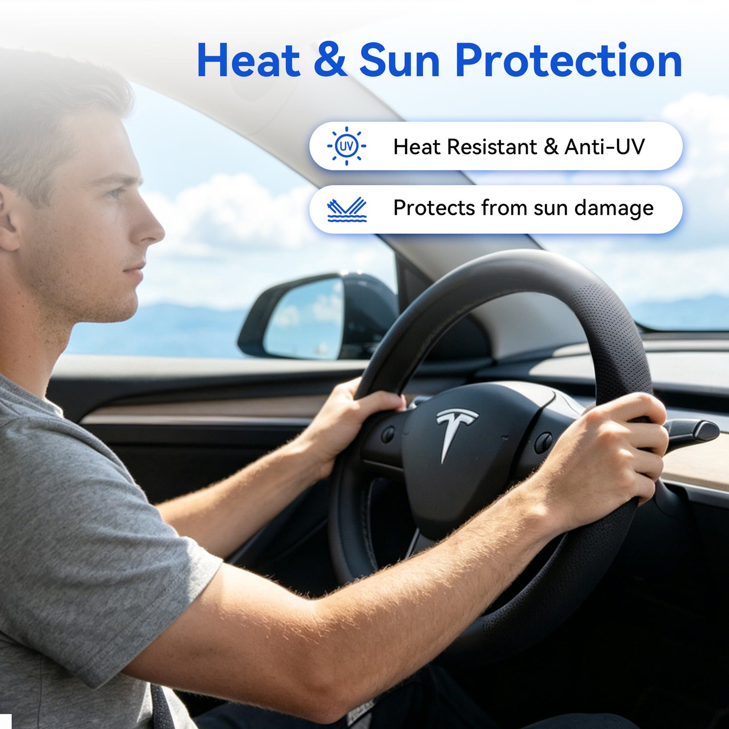 Steering Wheel Cover Fits Model 3 2019-2025/Model Y 2020-2026, Leather Steering Wheel Protector Compatible with Tesla, Non-Slip Soft-Touch Breathable Round Cover for Car Steering Wheel