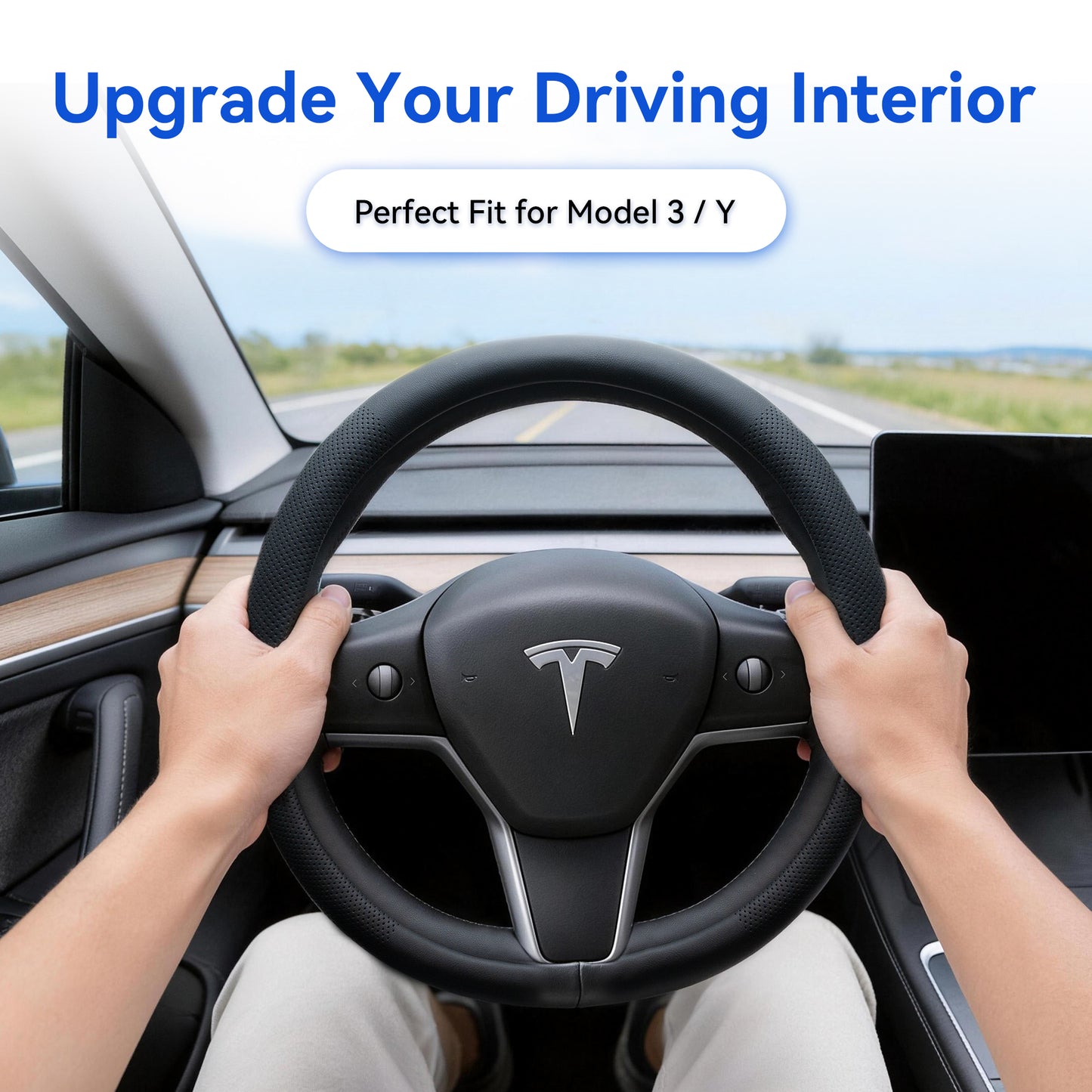 Steering Wheel Cover Fits Model 3 2019-2025/Model Y 2020-2026, Leather Steering Wheel Protector Compatible with Tesla, Non-Slip Soft-Touch Breathable Round Cover for Car Steering Wheel