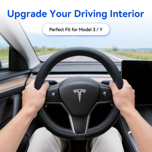 Steering Wheel Cover Fits Model 3 2019-2025/Model Y 2020-2026, Leather Steering Wheel Protector Compatible with Tesla, Non-Slip Soft-Touch Breathable Round Cover for Car Steering Wheel