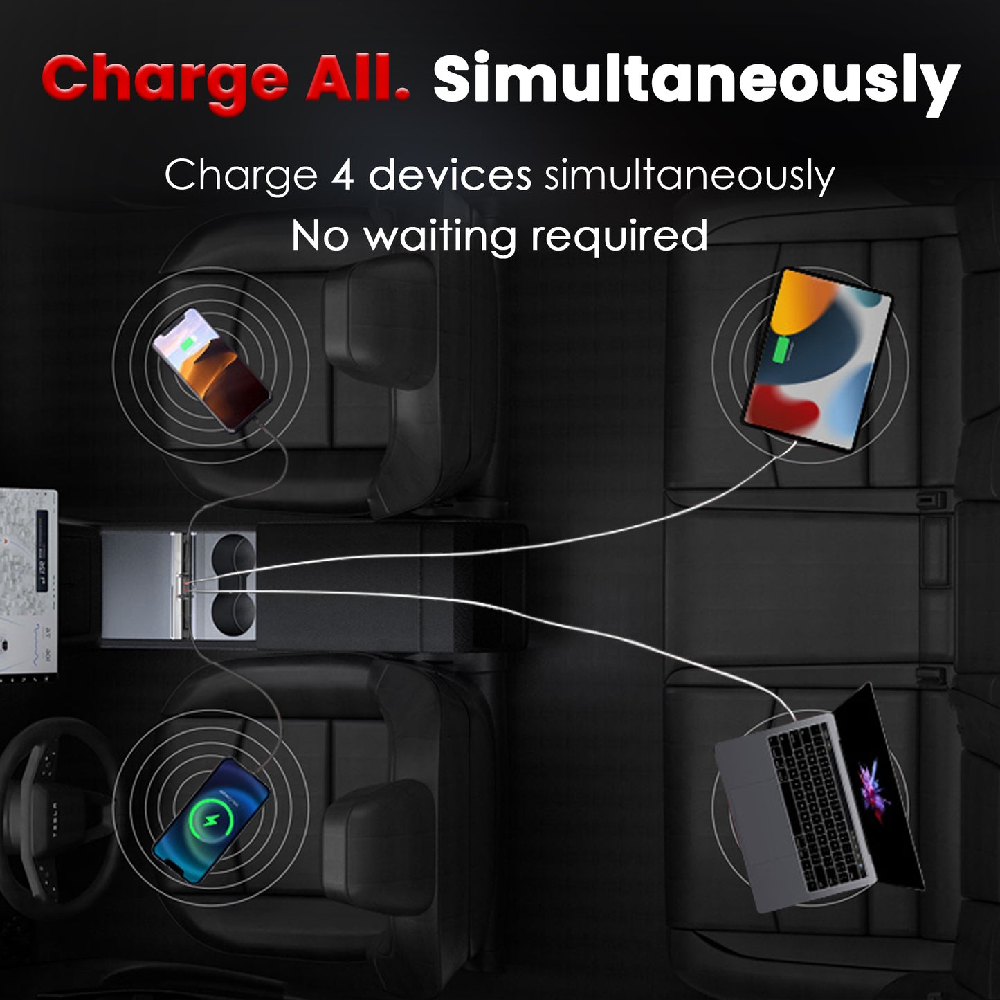 65W Fast Charging USB Hub for Tesla 2025-2026 Model Y Juniper 2024-2025 Model 3 Highland, 4-in-1 Multi Ports & Retractable Cable, Model Y L Center Console Hidden Charger Hub fits Model 3/Y