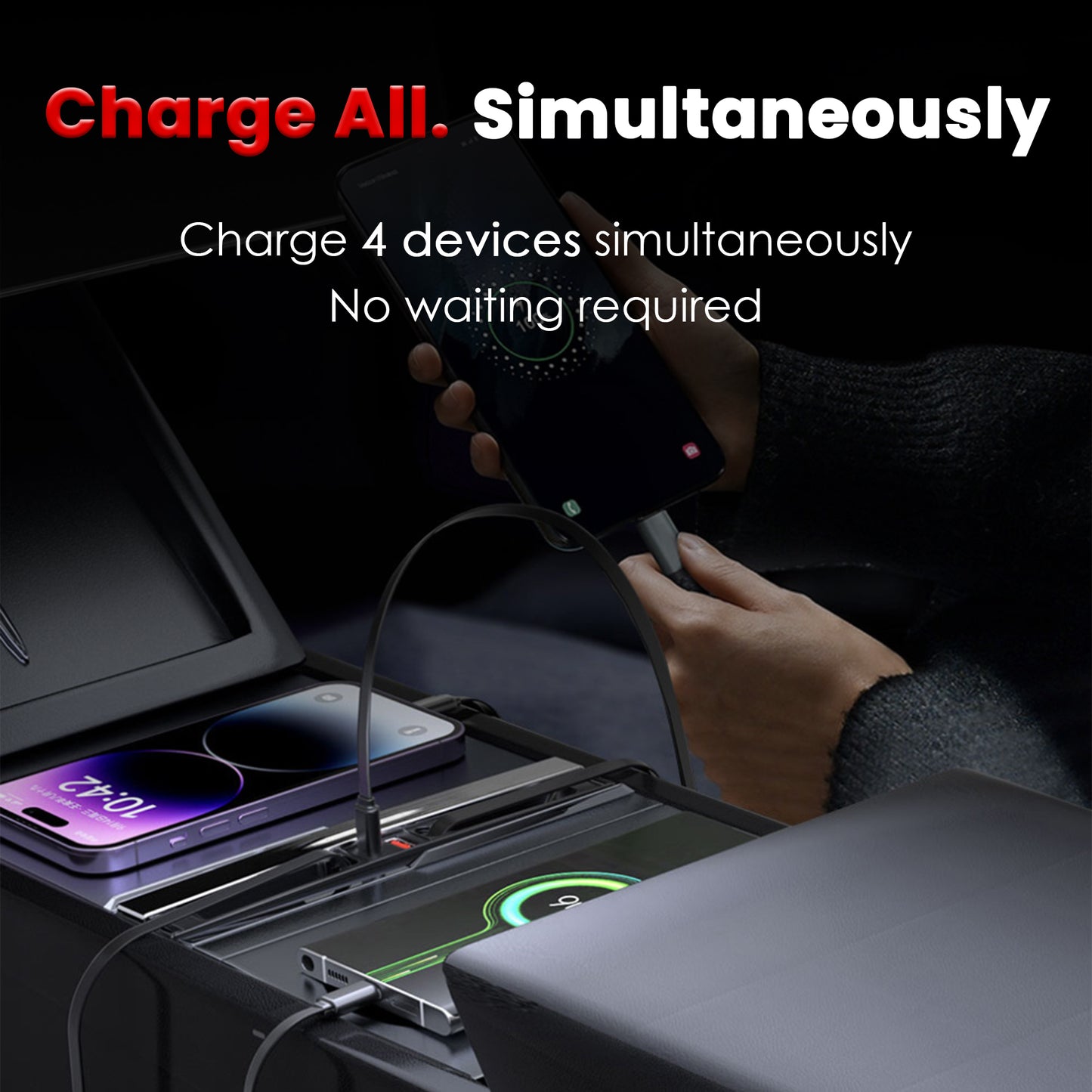 65W Fast Charging USB Hub for Tesla 2025-2026 Model Y Juniper 2024-2025 Model 3 Highland, 4-in-1 Multi Ports & Retractable Cable, Model Y L Center Console Hidden Charger Hub fits Model 3/Y