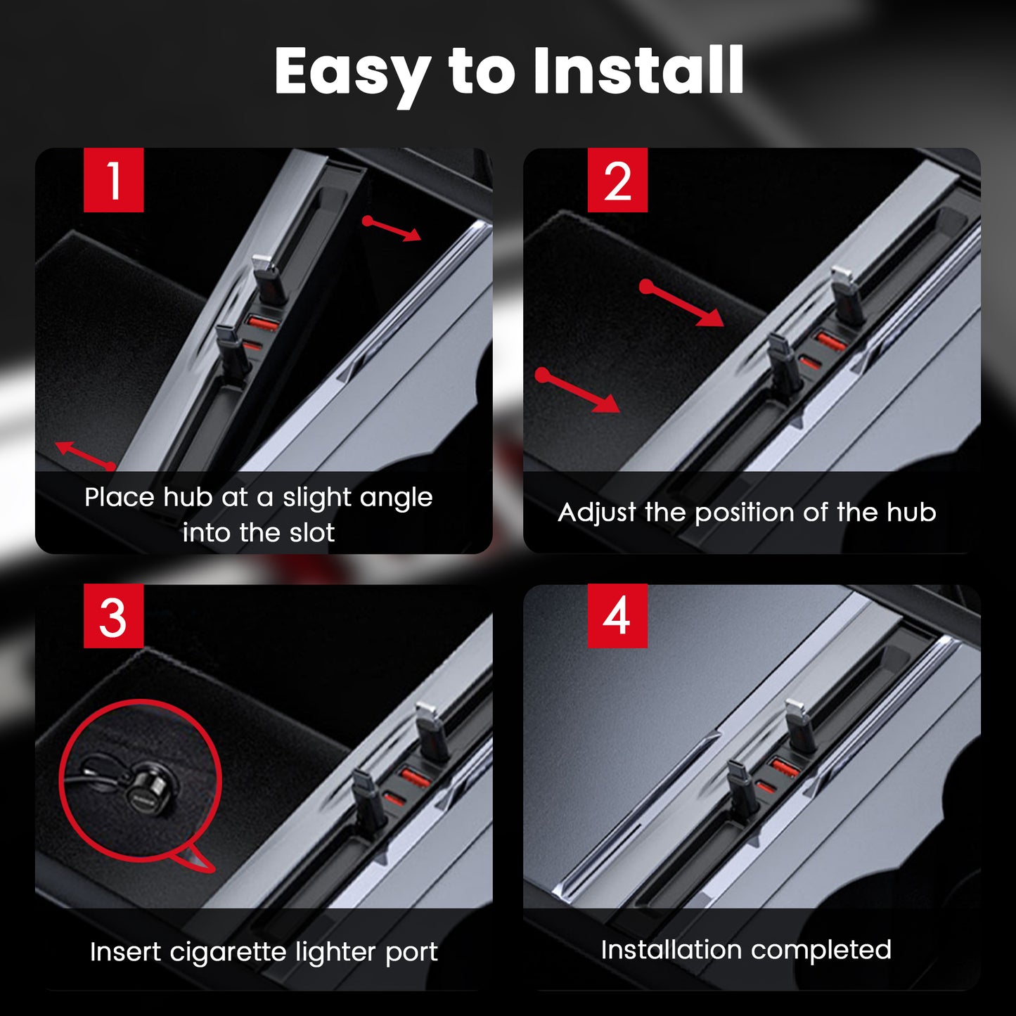 65W Fast Charging USB Hub for Tesla 2025-2026 Model Y Juniper 2024-2025 Model 3 Highland, 4-in-1 Multi Ports & Retractable Cable, Model Y L Center Console Hidden Charger Hub fits Model 3/Y
